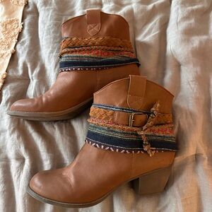Tan Ankle Boots with Woven Strap